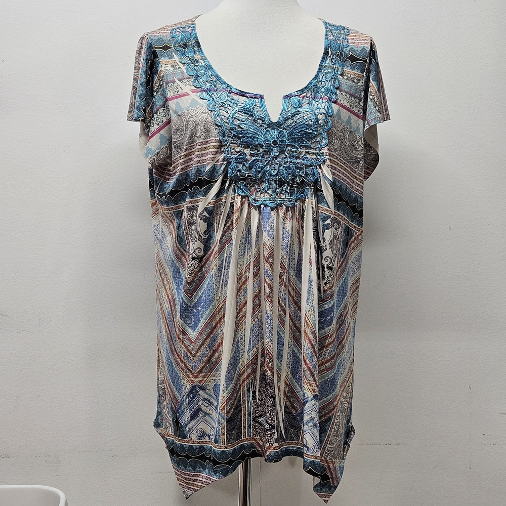 One World Boho Tunic Top XL Crochet Lace Detail Abstract Asymmetrical Hem Artsy